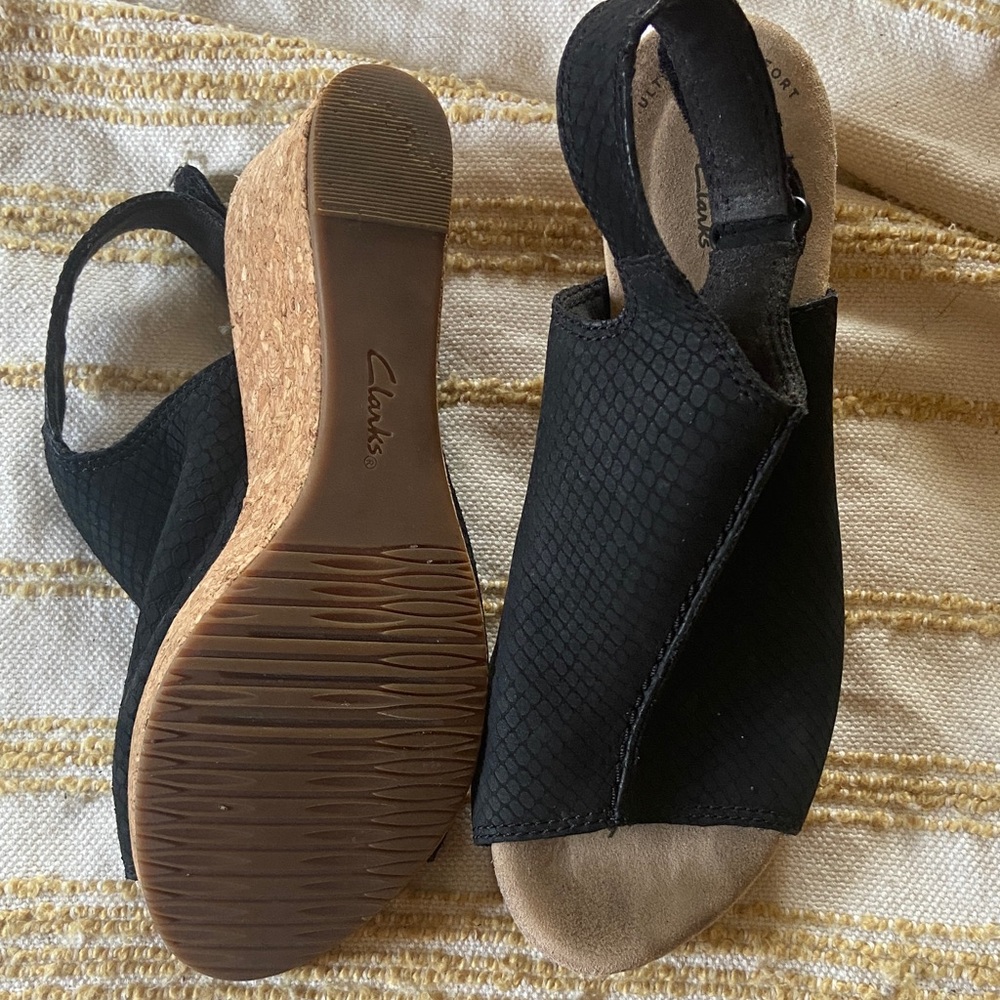 Clarks Black Cork Wedge Slingback Sandals